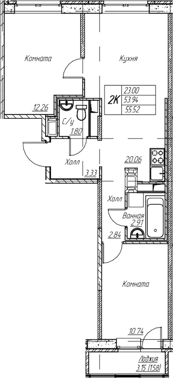 2-комнатная квартира 55.52 м², 19/22 эт., ЖК «Парк-квартал Юнтолово»